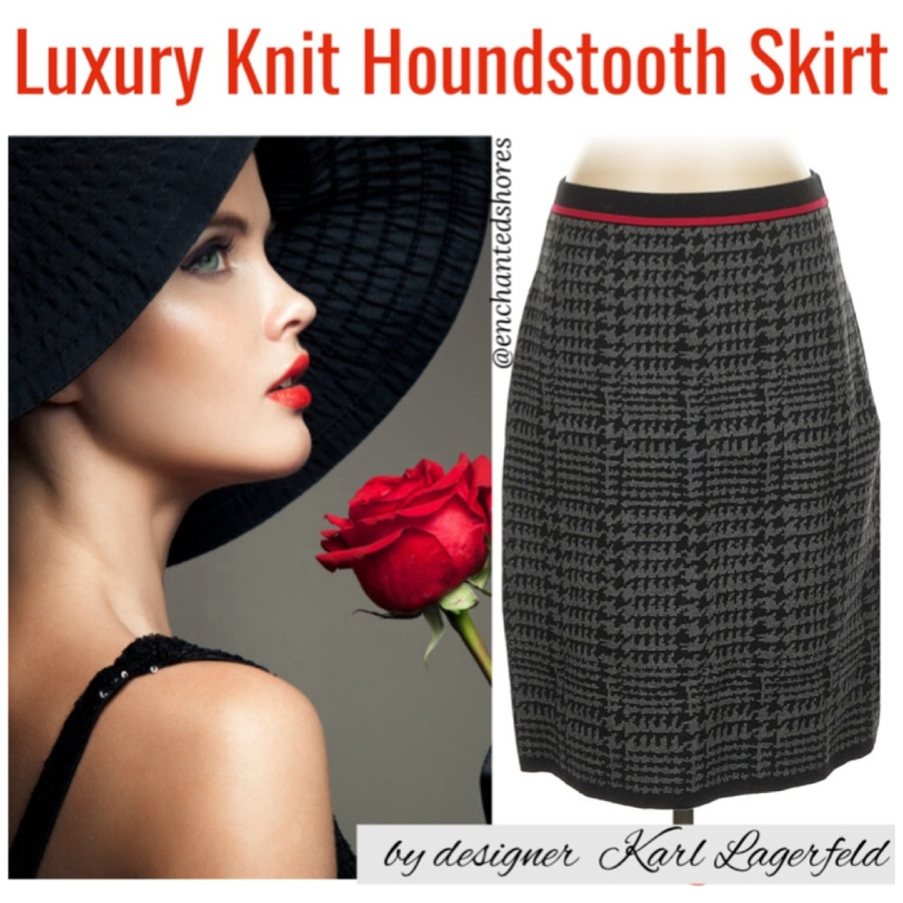 Karl Lagerfield Paris Luxury Knit Skirt Houndstooth Vintage Plaid Black Gray Red